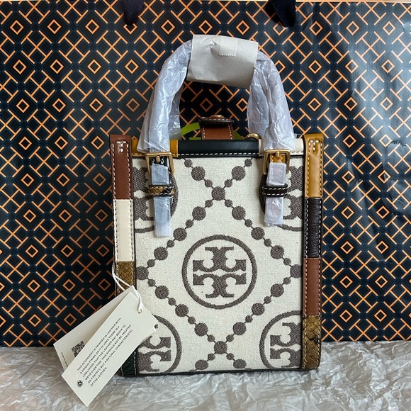 Tory Burch T Monogram Grommet Mini Tote Bag Crossbody Ivory Tan Brown Gold - Picture 12 of 14